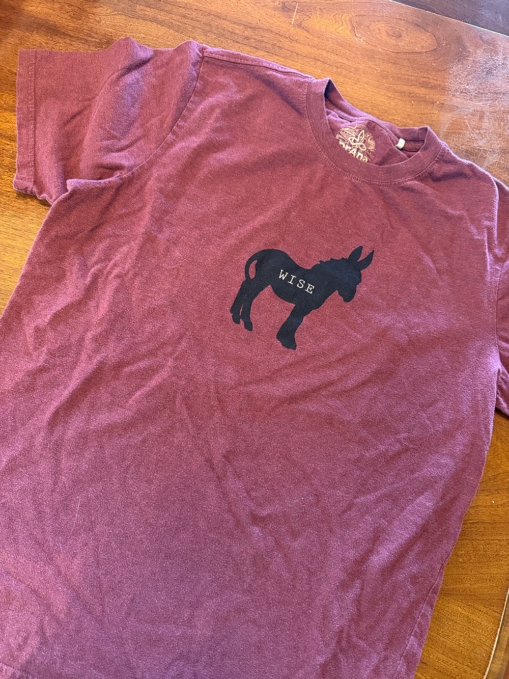 PRANA Maroon 'Wise' Donkey Graphic Tee, fair trade certified